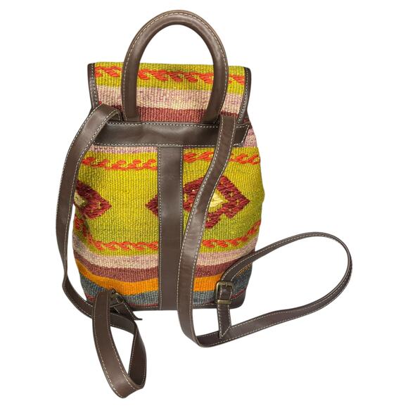 Yun Art Kilim Traditional Turkish Backpack Woven Carpet Leather Yellow - Picture 2 of 13